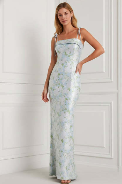 Floral Light Blue Spaghetti Straps Mermaid Long Bridesmaid Dress