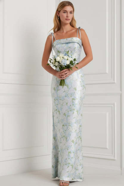 Floral Light Blue Spaghetti Straps Mermaid Long Bridesmaid Dress