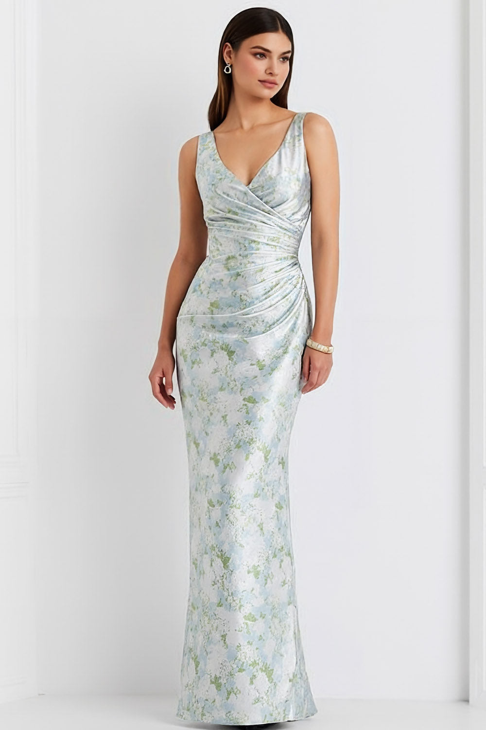 Leely Women Floral Light Blue Long Bridesmaid Dress V-Neck Ruched Mermaid Wedding Guest Dress