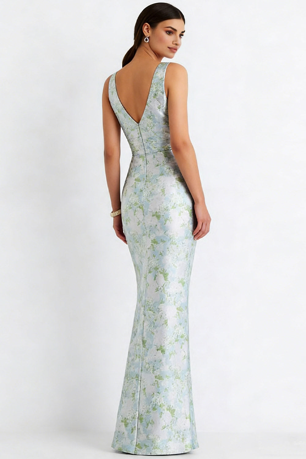 Floral Light Blue V-Neck Ruched Long Bridesmaid Dress