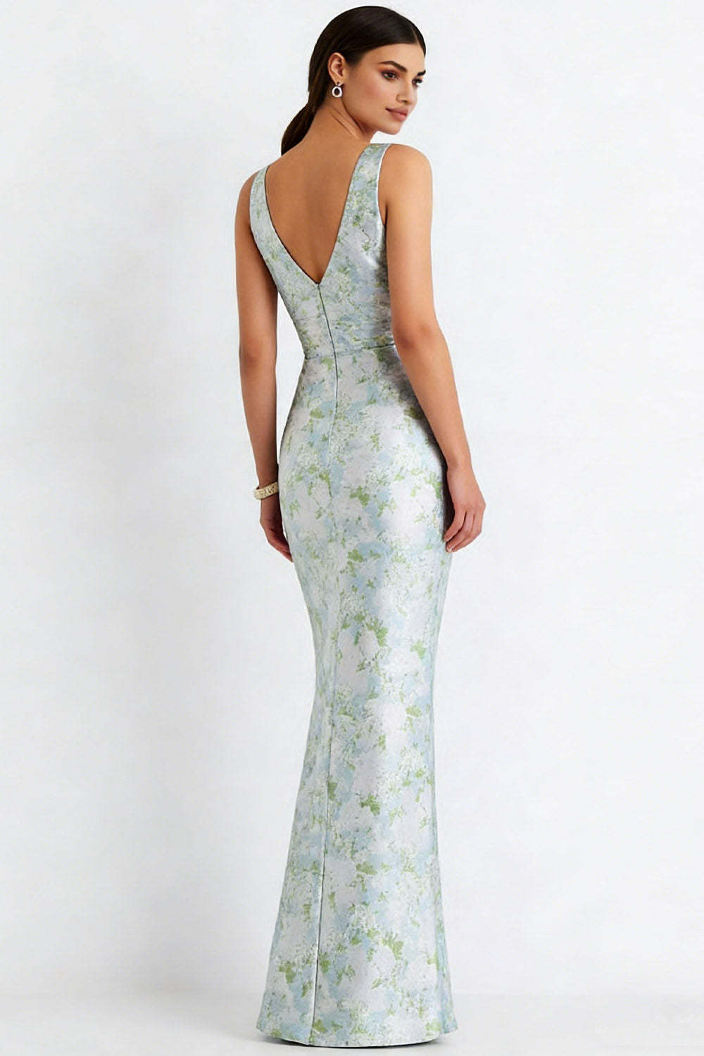 Floral Light Blue V-Neck Ruched Long Bridesmaid Dress