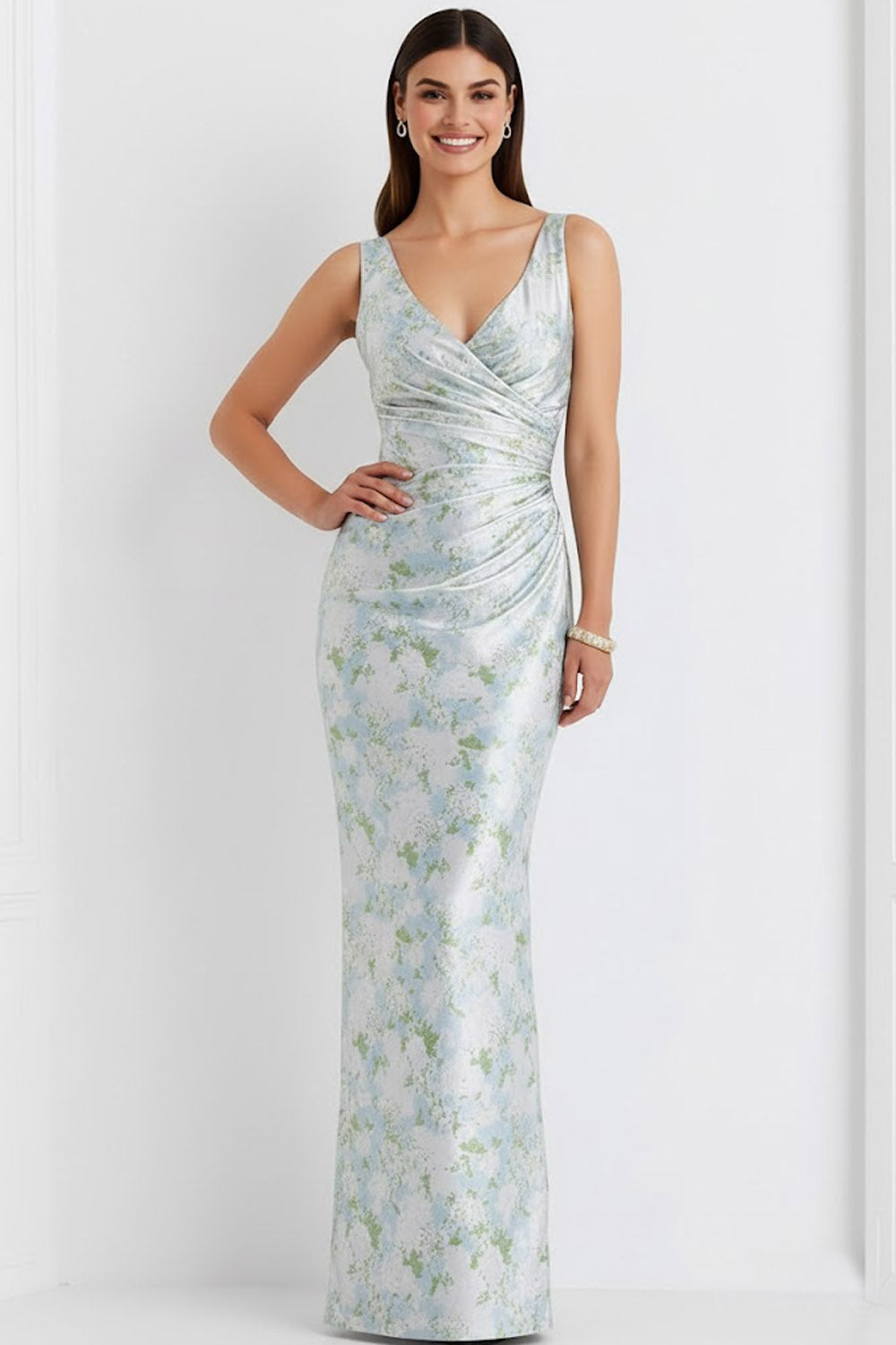 Floral Light Blue V-Neck Ruched Long Bridesmaid Dress