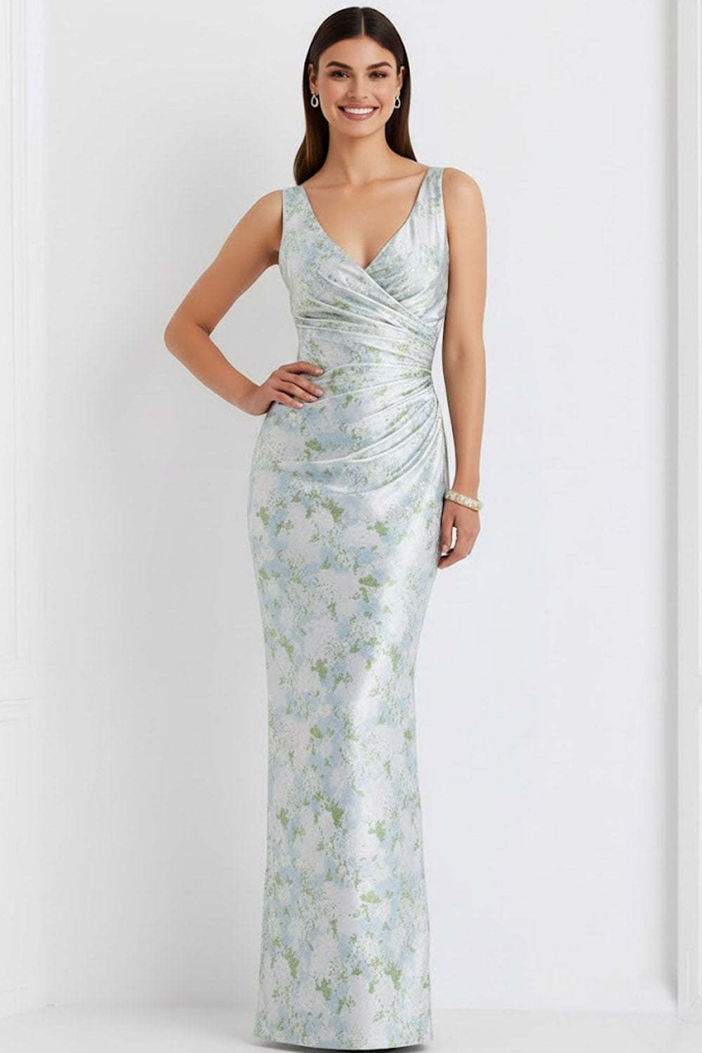Floral Light Blue V-Neck Ruched Long Bridesmaid Dress