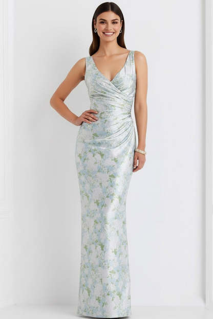 Floral Light Blue V-Neck Ruched Long Bridesmaid Dress