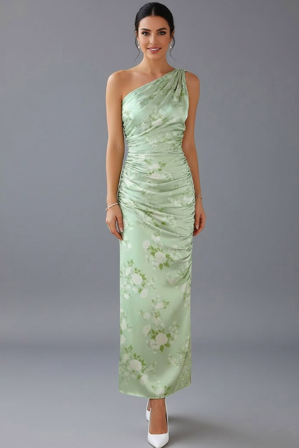 Leely Women Floral Green Long Bridesmaid Dress One Shoulder Ruched Wedding Guest Dress