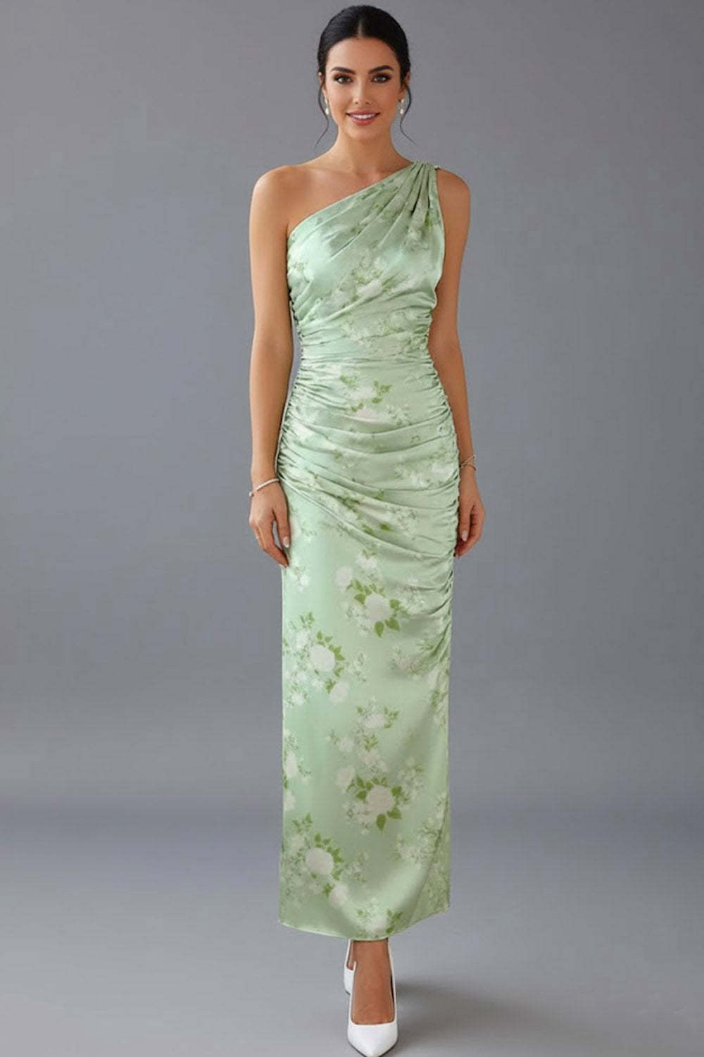 Leely Women Floral Green Long Bridesmaid Dress One Shoulder Ruched Wedding Guest Dress