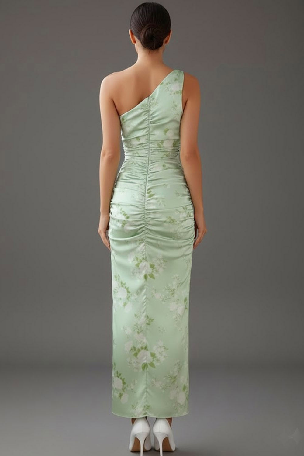 Floral Green One Shoulder Ruched Long Bridesmaid Dress