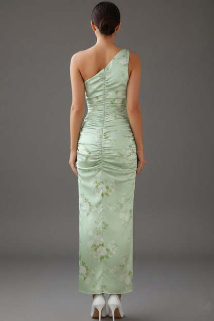 Floral Green One Shoulder Ruched Long Bridesmaid Dress