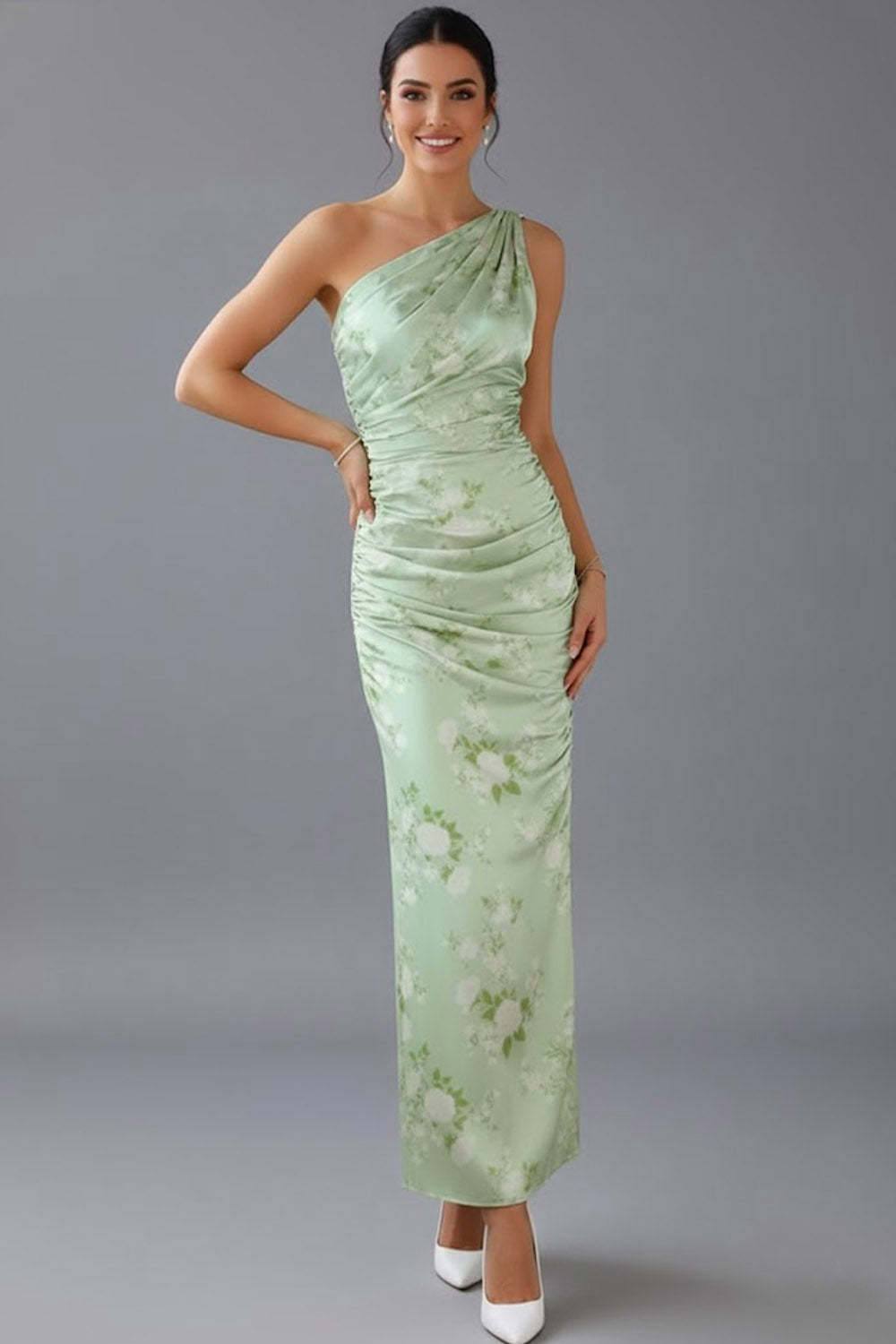 Floral Green One Shoulder Ruched Long Bridesmaid Dress