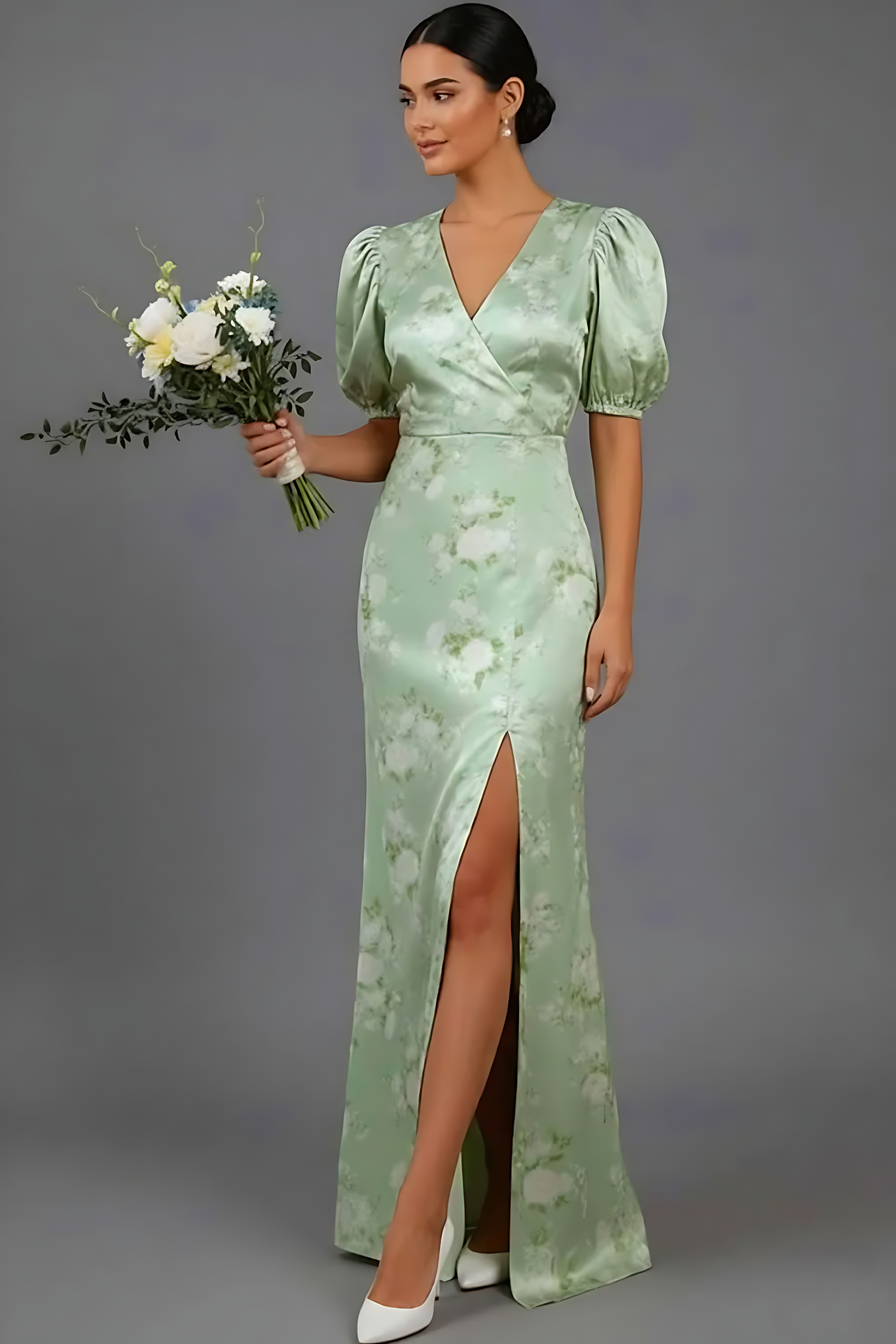 Floral Green V-Neck Puff Sleeves Long Bridesmaid Dress with Slit