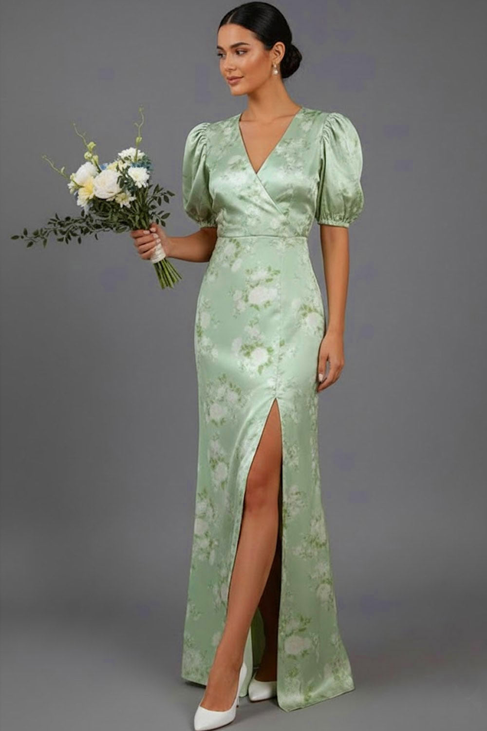 Leely Women Floral Green Long Bridesmaid Dress with Slit Mermaid V-Neck Puff Sleeves Wedding Guest Dress