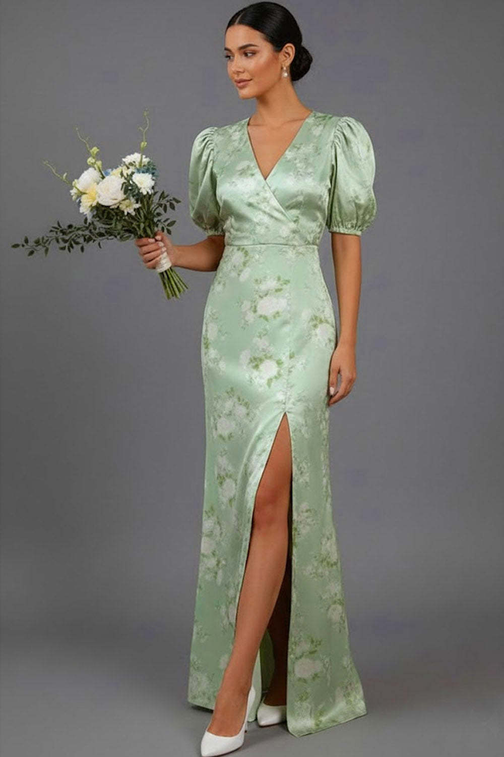 Leely Women Floral Green Long Bridesmaid Dress with Slit Mermaid V-Neck Puff Sleeves Wedding Guest Dress