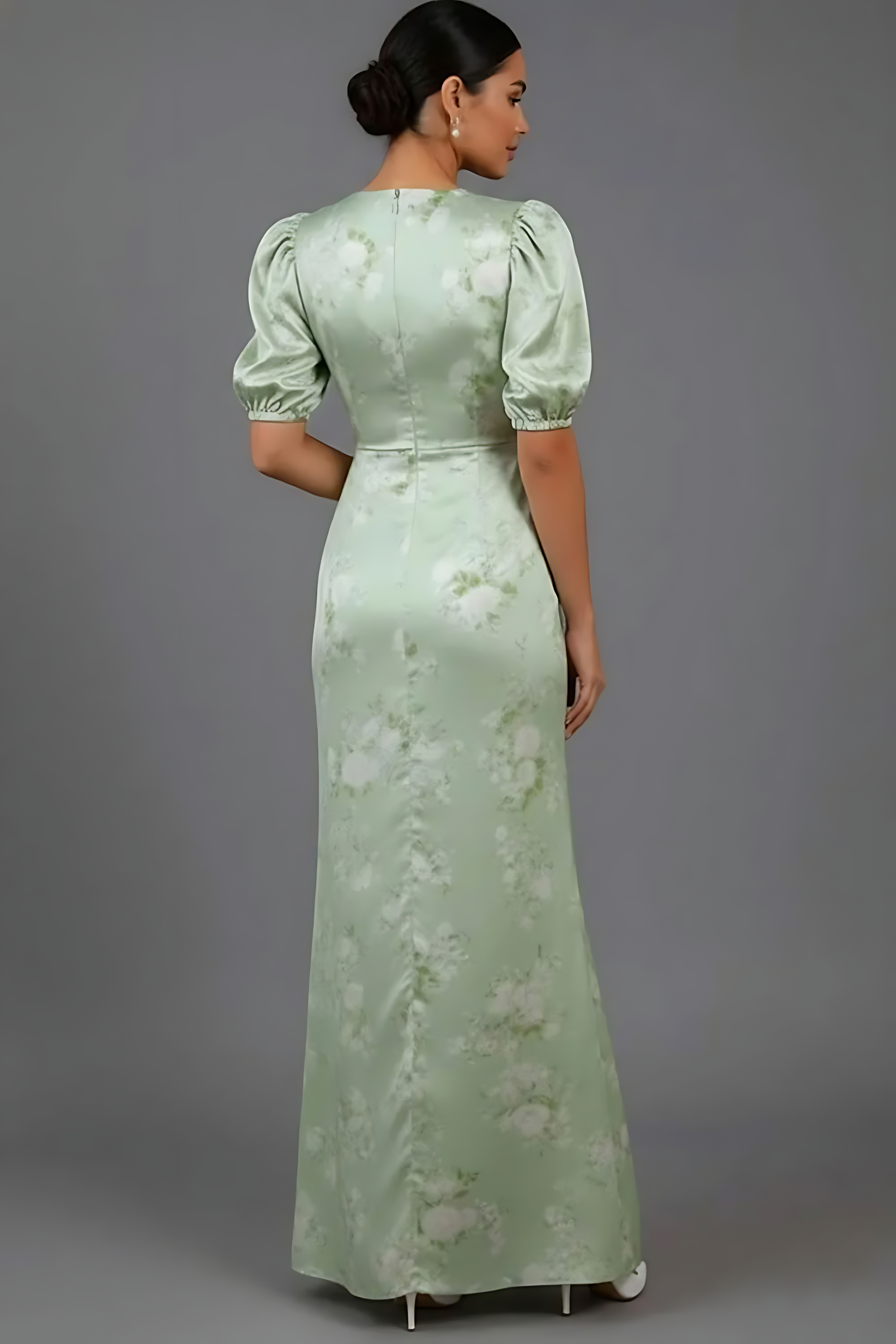 Floral Green V-Neck Puff Sleeves Long Bridesmaid Dress with Slit