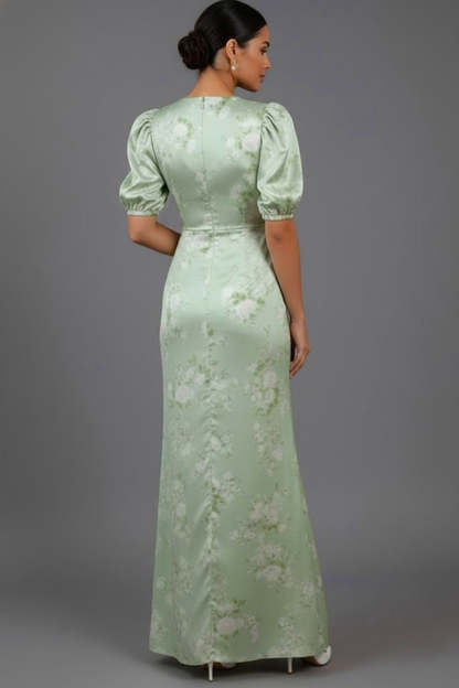 Floral Green V-Neck Puff Sleeves Long Bridesmaid Dress with Slit