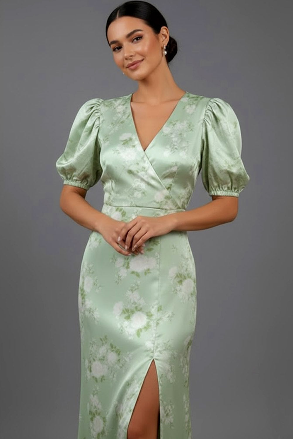 Floral Green V-Neck Puff Sleeves Long Bridesmaid Dress with Slit