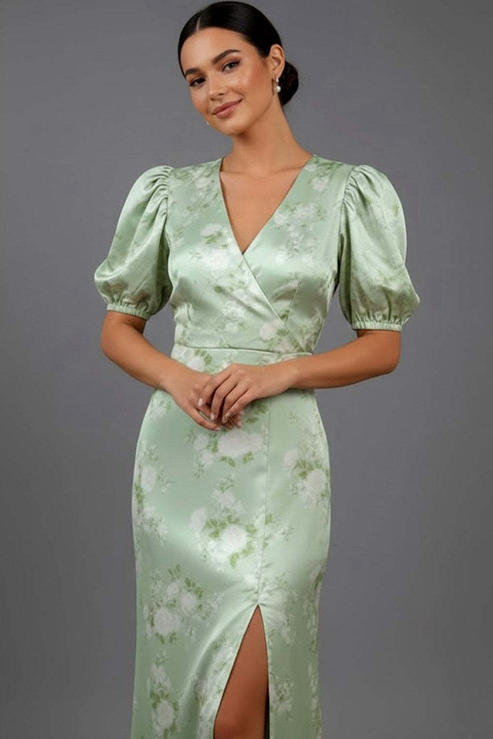 Floral Green V-Neck Puff Sleeves Long Bridesmaid Dress with Slit