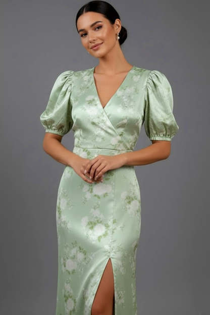 Floral Green V-Neck Puff Sleeves Long Bridesmaid Dress with Slit
