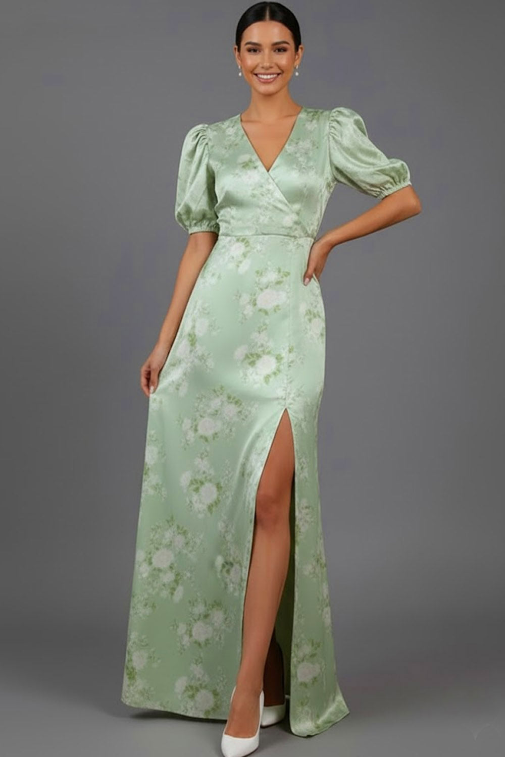 Floral Green V-Neck Puff Sleeves Long Bridesmaid Dress with Slit