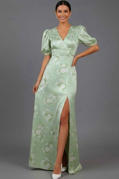 Floral Green V-Neck Puff Sleeves Long Bridesmaid Dress with Slit