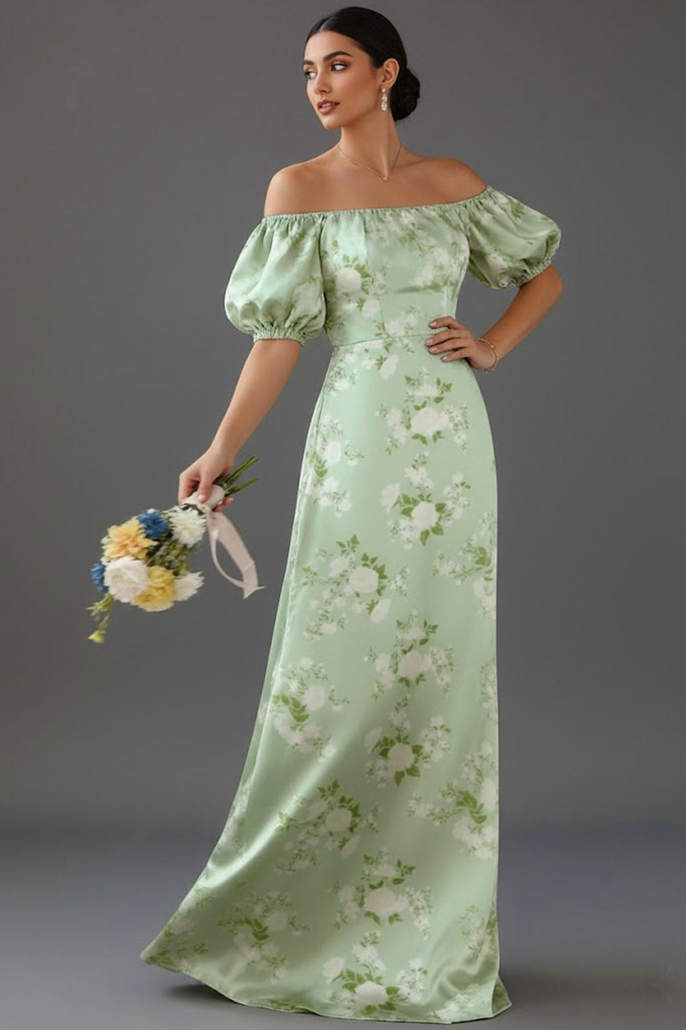 Leely Women Floral Green Long Bridesmaid Dress Off the Shoulder Puff Sleeves Wedding Guest Dress
