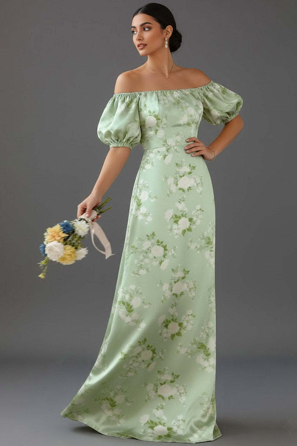 Leely Women Floral Green Long Bridesmaid Dress Off the Shoulder Puff Sleeves Wedding Guest Dress