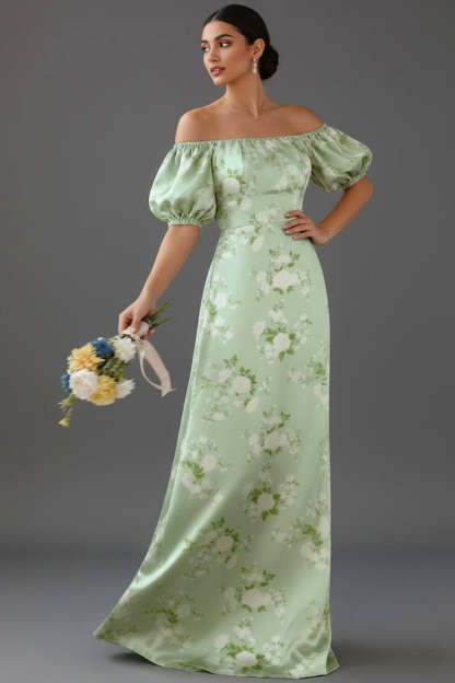 Leely Women Floral Green Long Bridesmaid Dress Off the Shoulder Puff Sleeves Wedding Guest Dress