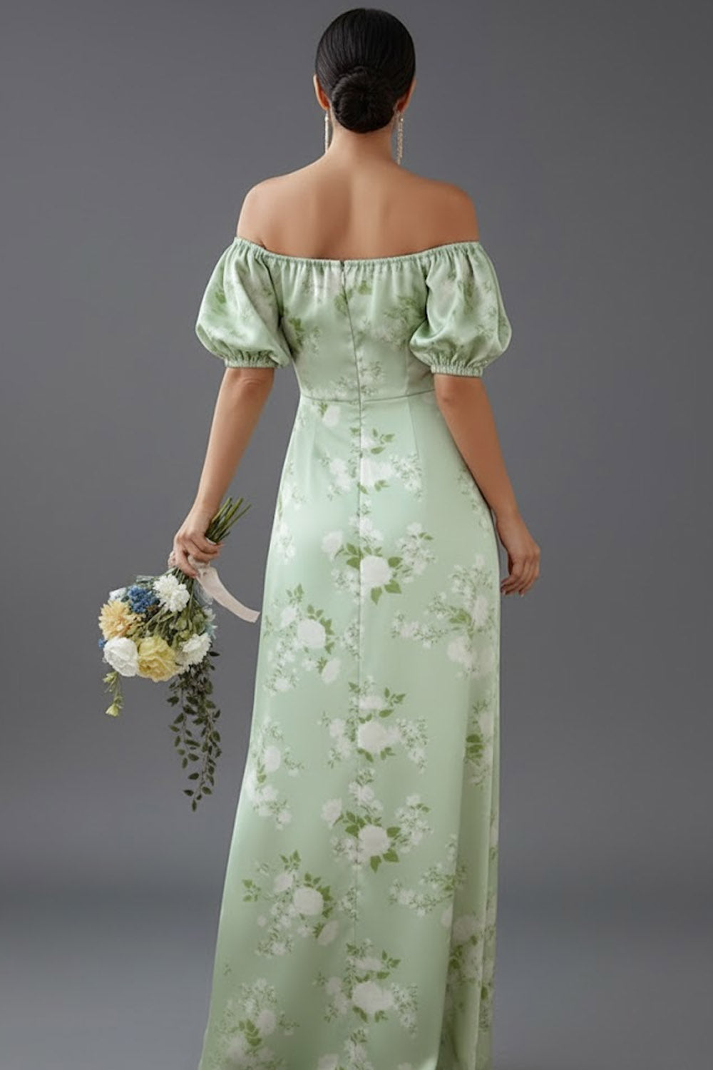 Floral Green Off the Shoulder Puff Sleeves Long Bridesmaid Dress