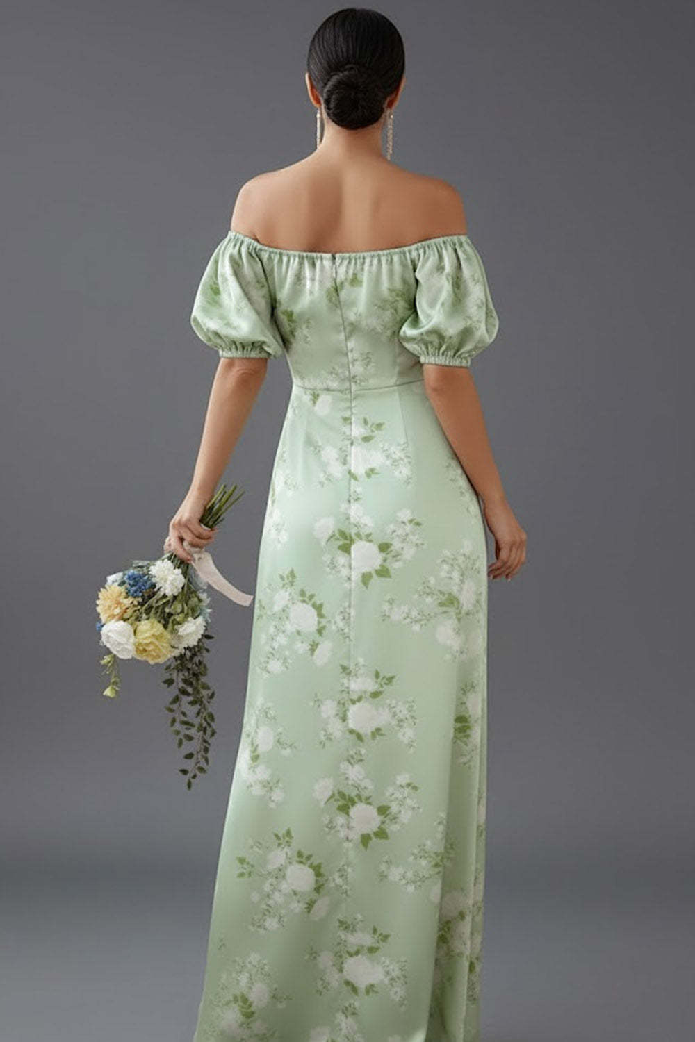 Floral Green Off the Shoulder Puff Sleeves Long Bridesmaid Dress
