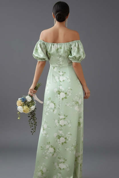 Floral Green Off the Shoulder Puff Sleeves Long Bridesmaid Dress