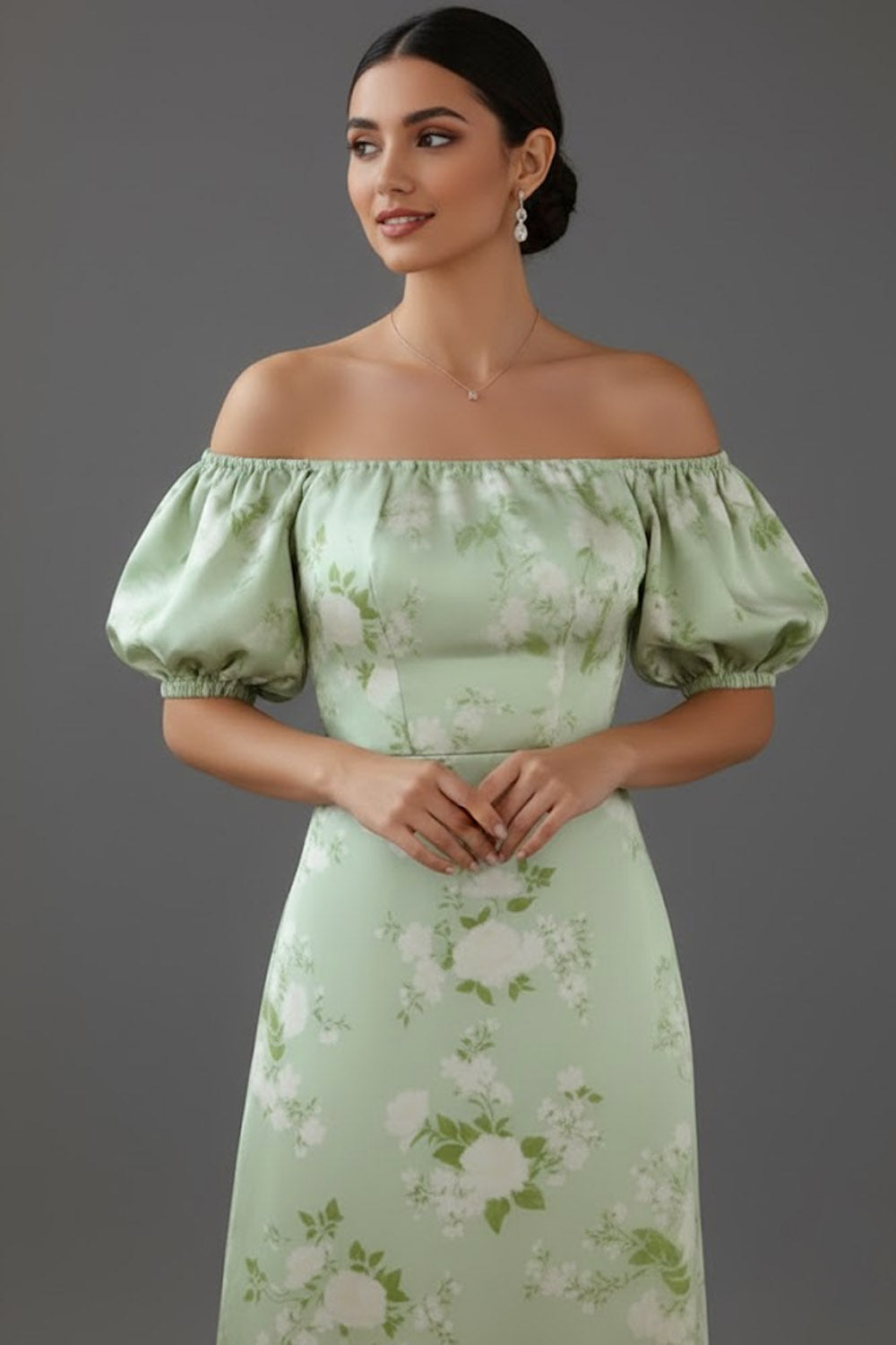Floral Green Off the Shoulder Puff Sleeves Long Bridesmaid Dress