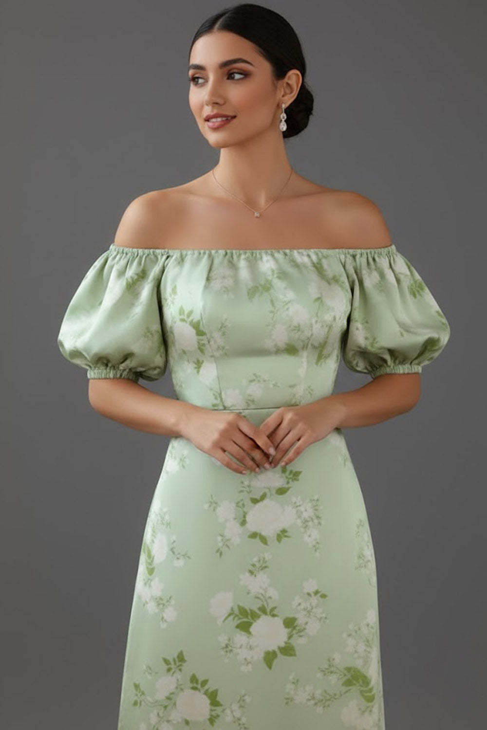 Floral Green Off the Shoulder Puff Sleeves Long Bridesmaid Dress