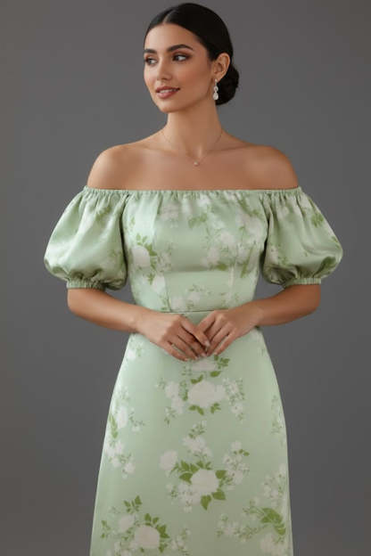 Floral Green Off the Shoulder Puff Sleeves Long Bridesmaid Dress