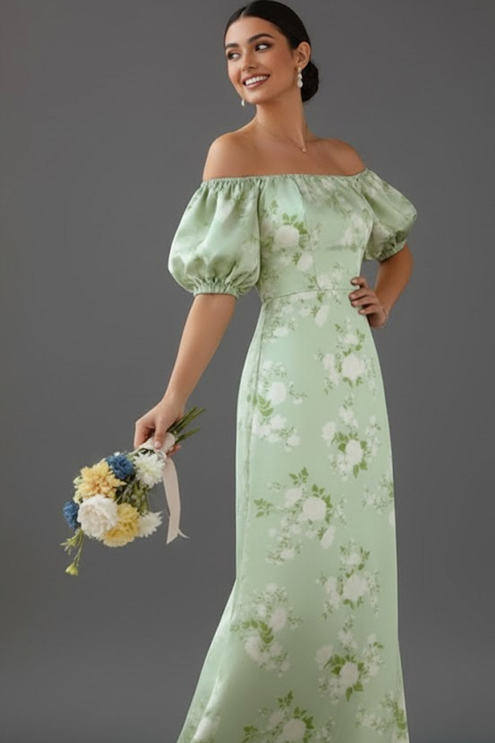 Floral Green Off the Shoulder Puff Sleeves Long Bridesmaid Dress