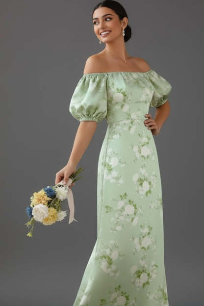 Floral Green Off the Shoulder Puff Sleeves Long Bridesmaid Dress