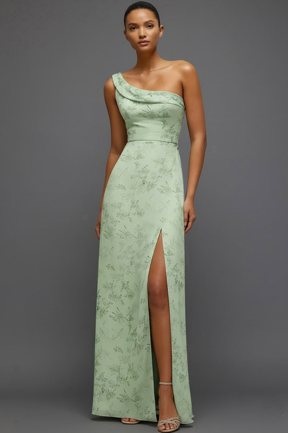 Leely Women Floral Green Long Bridesmaid Dress with Slit One Shoulder Mermaid Wedding Guest Dress