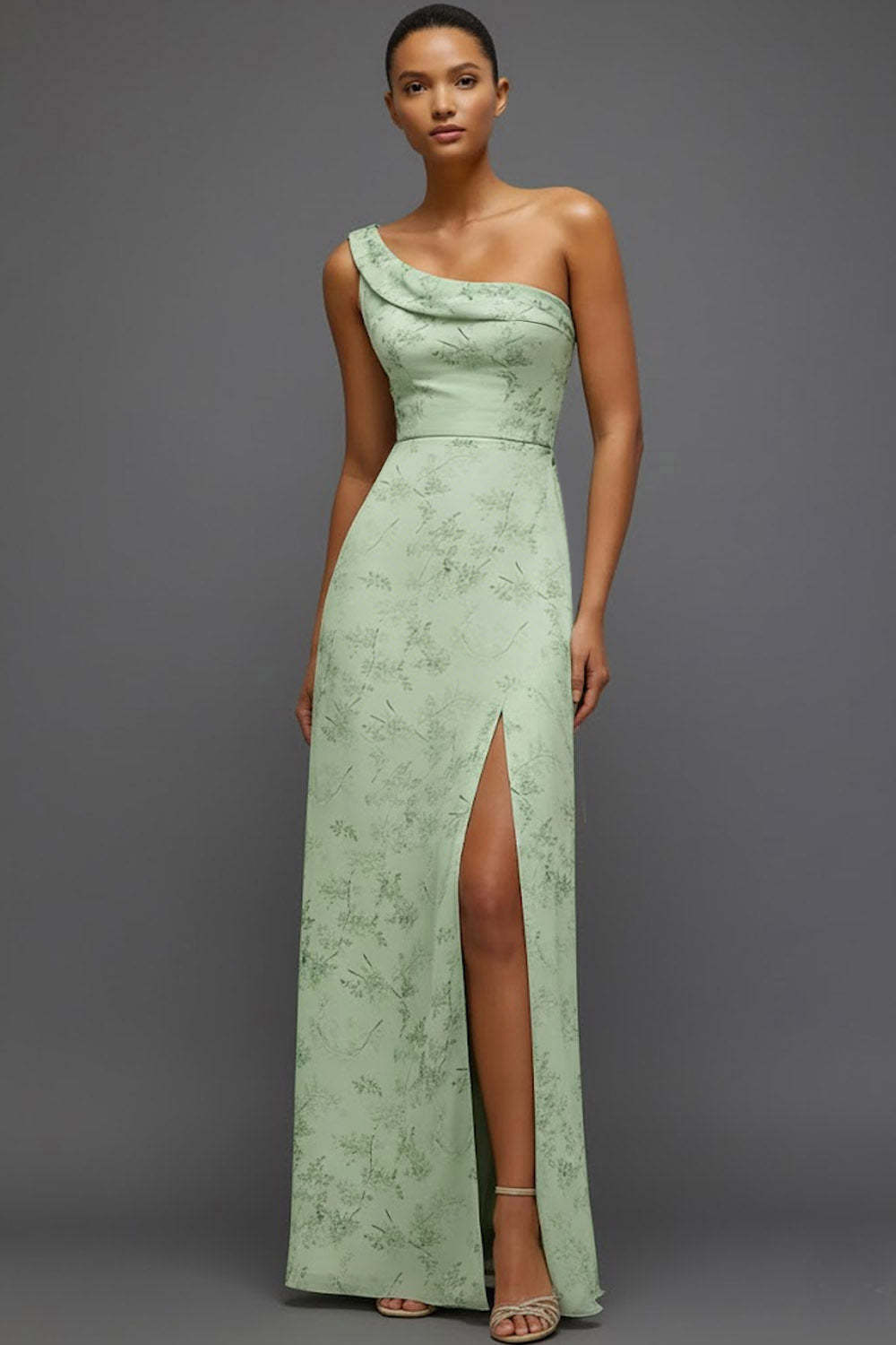Leely Women Floral Green Long Bridesmaid Dress with Slit One Shoulder Mermaid Wedding Guest Dress