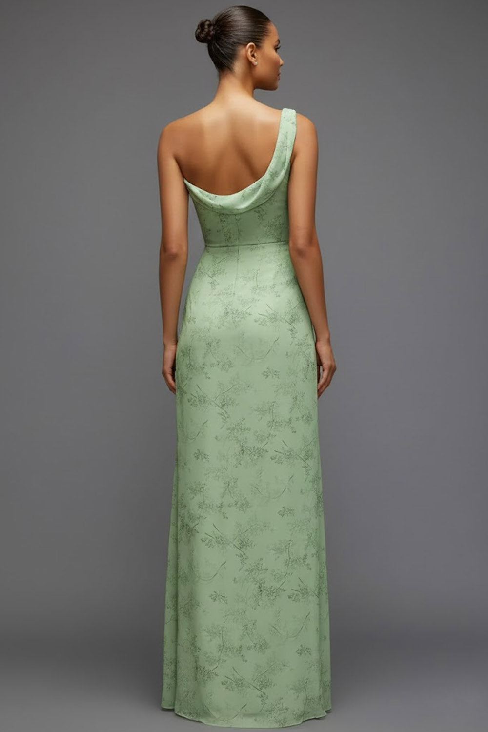 Floral Green One Shoulder Long Bridesmaid Dress with Slit