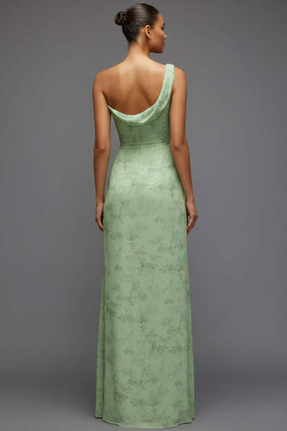 Floral Green One Shoulder Long Bridesmaid Dress with Slit