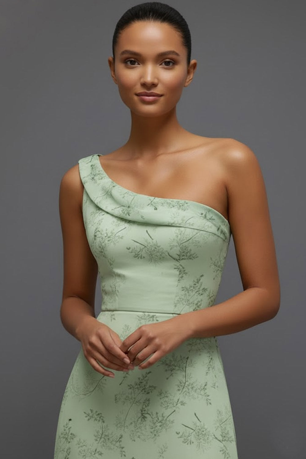 Floral Green One Shoulder Long Bridesmaid Dress with Slit