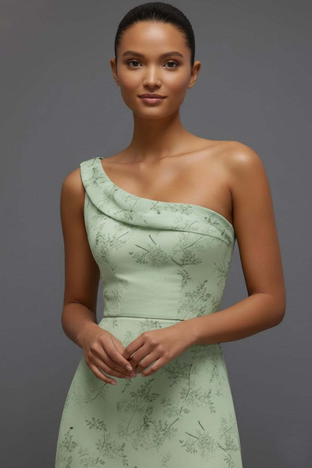 Floral Green One Shoulder Long Bridesmaid Dress with Slit