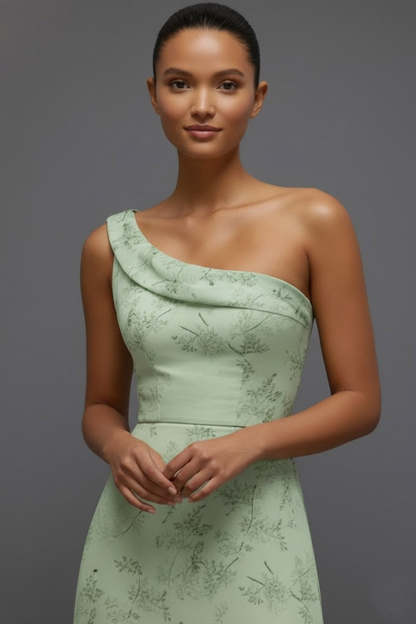 Floral Green One Shoulder Long Bridesmaid Dress with Slit