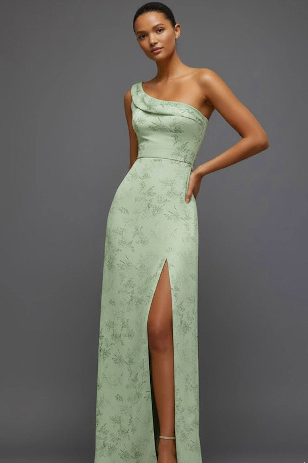 Floral Green One Shoulder Long Bridesmaid Dress with Slit