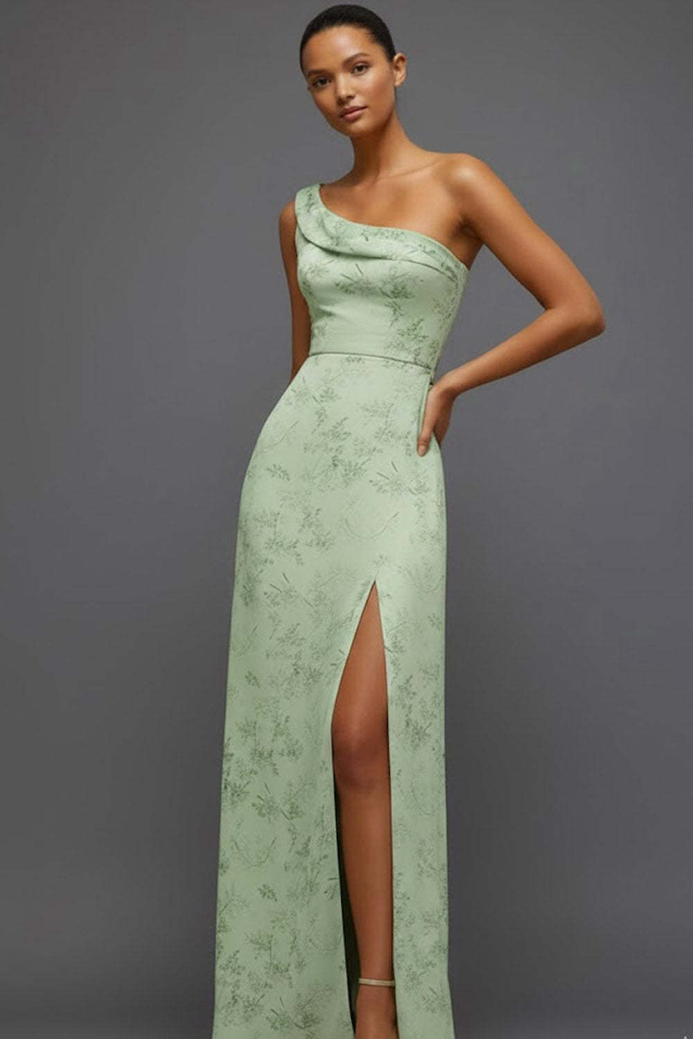 Floral Green One Shoulder Long Bridesmaid Dress with Slit