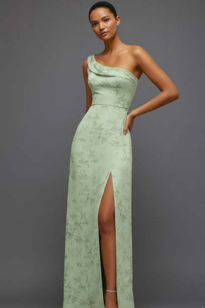 Floral Green One Shoulder Long Bridesmaid Dress with Slit