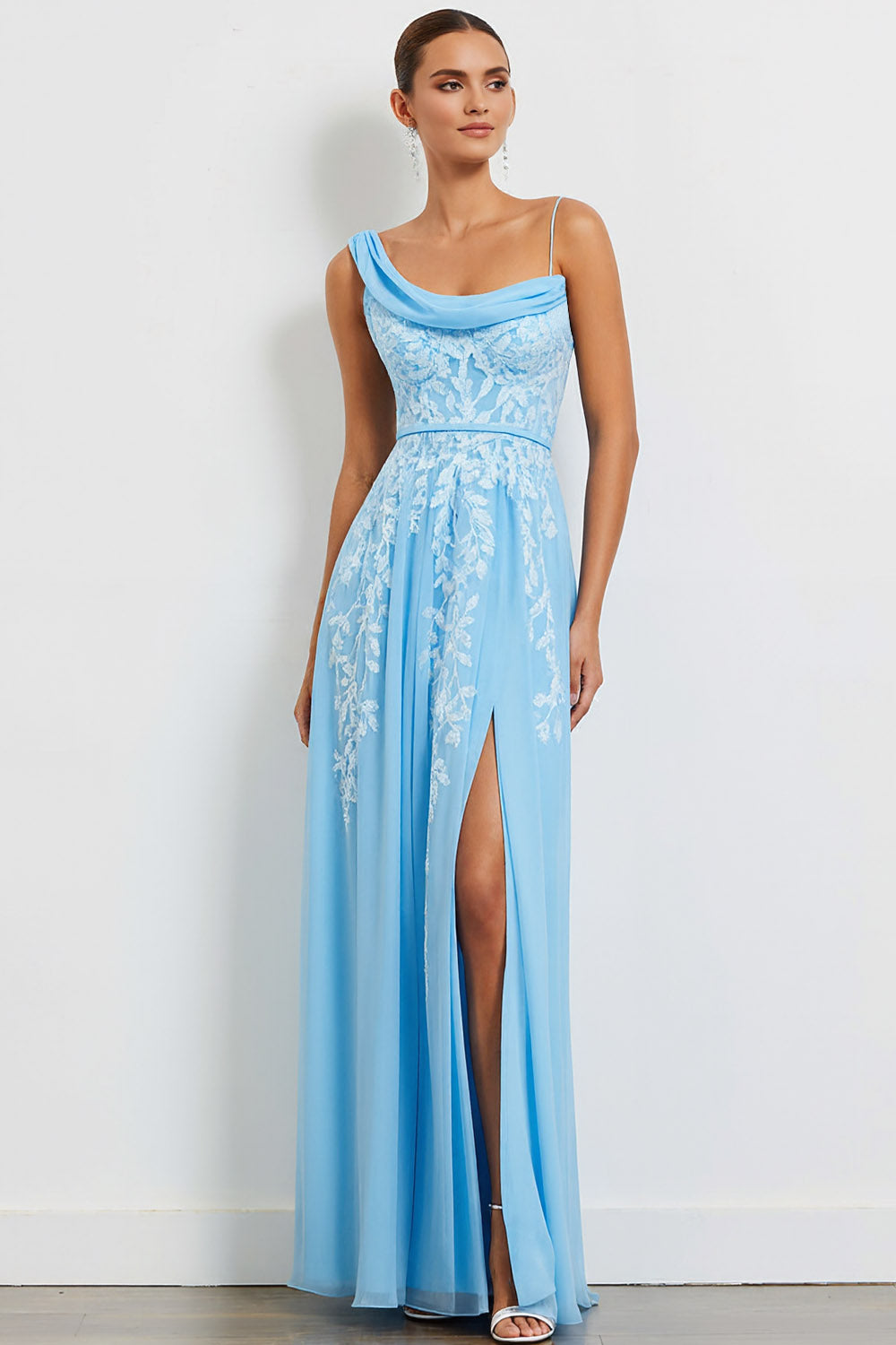 Floral Blue Sheath One Shoulder Long Bridesmaid Dress with Slit