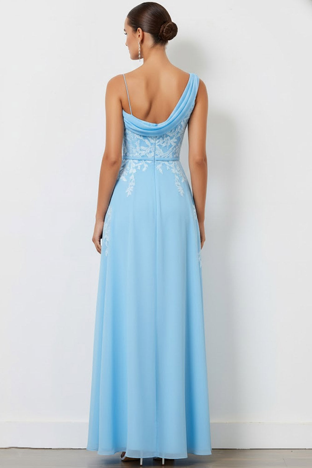 Floral Blue Sheath One Shoulder Long Bridesmaid Dress with Slit