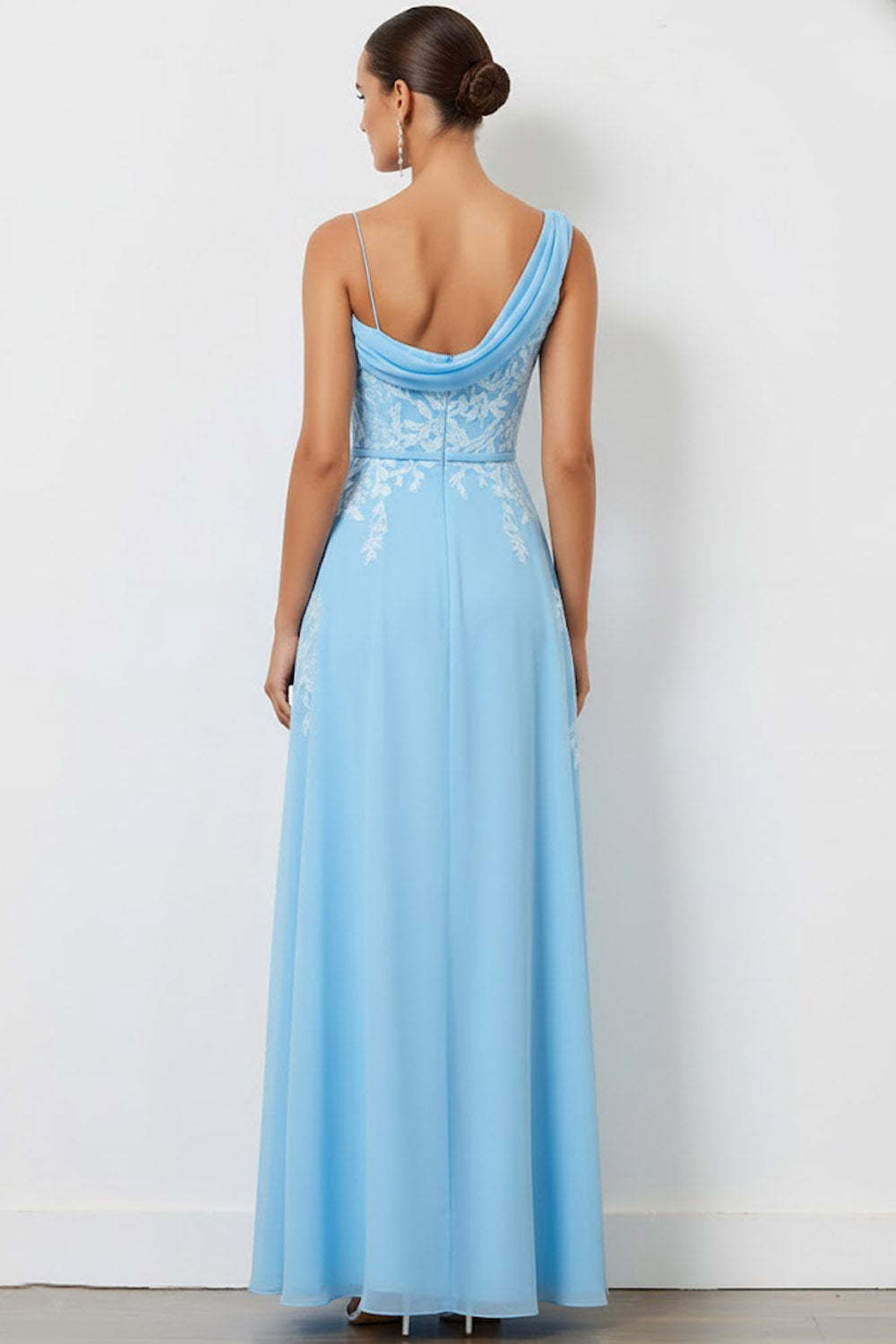 Floral Blue Sheath One Shoulder Long Bridesmaid Dress with Slit