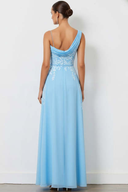 Floral Blue Sheath One Shoulder Long Bridesmaid Dress with Slit