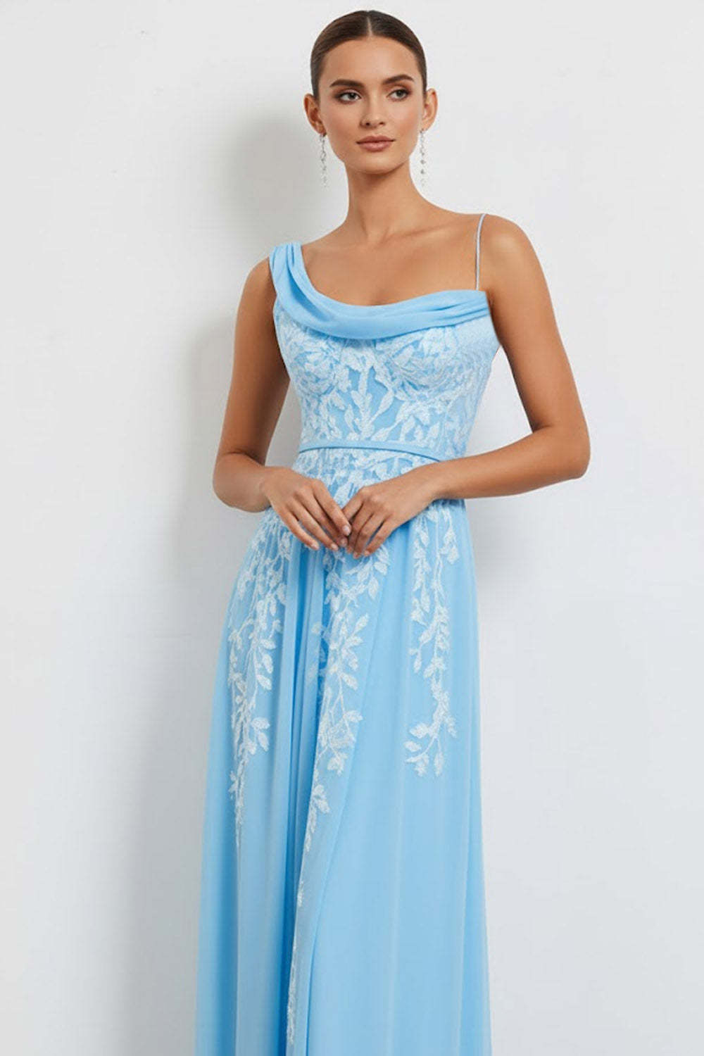 Floral Blue Sheath One Shoulder Long Bridesmaid Dress with Slit