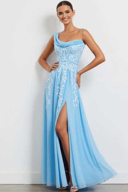 Floral Blue Sheath One Shoulder Long Bridesmaid Dress with Slit